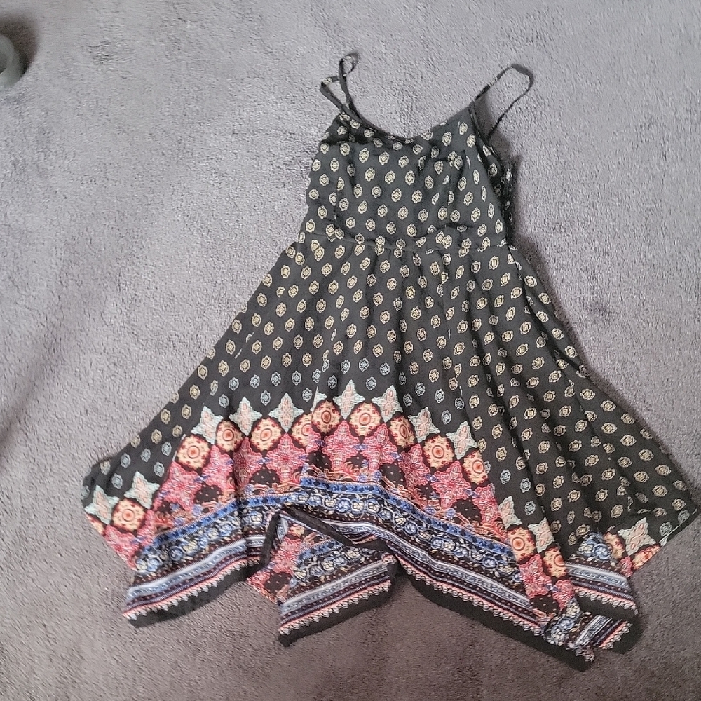 Boho Floral Border Black Spaghetti-Strap Dress